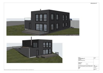 3D-visualisering (rendering) av en planlagt bygning sett fra to ulike vinkler.