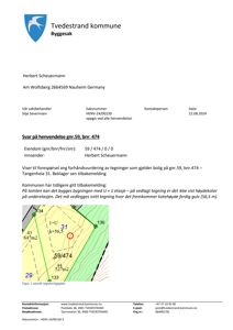 Bildet viser en situasjonsplan (tomtekart) med bygningsplassering, arealdata og høydekoter for eiendommen 59/474. Det er også inkludert en tekstuell henvendelse fra byggesaksavdelingen.