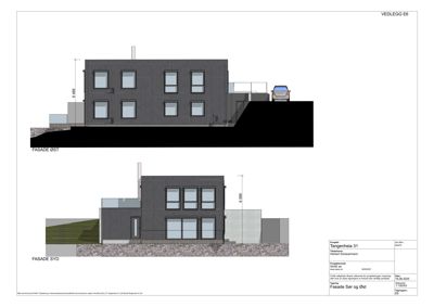 Fasadetegning som viser oppriss av bygningens fasader (Sør og Øst) med detaljer om vinduer, takhøyde og materialer.