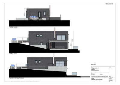 Fasadetegning som viser bygningens utseende fra nord, vest og mot nabo (vest). Tegningen inkluderer mål på høyder og visuell fremstilling av fasadematerialer.