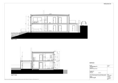 Tegning som viser tverrsnitt gjennom bygningen (Snitt A-A og Snitt B-B) med høydemål og romfordeling.