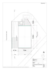 Takplan (etasjeplan) som viser bygningens fotavtrykk, mål og orientering.