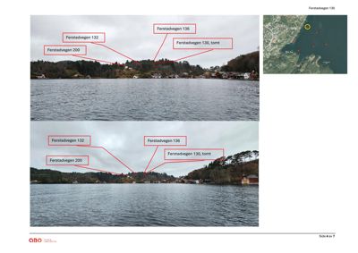 Fotografier av et vassdrag med kystlinje, der eiendommer langs bredden er markert med adresser (Førstadvegen 132, 136, 200) og en tomt (Førstadvegen 130, tomt).