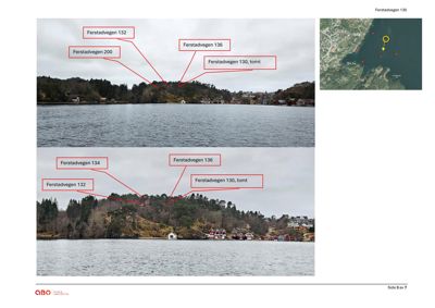 Fotografier av eksisterende bebyggelse og natur langs Ferstadvegen med adresser markert.