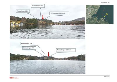 Fotografier av byggetomten ved Førstadvegen 130 med annotasjoner som viser naboløsningen og adressene.