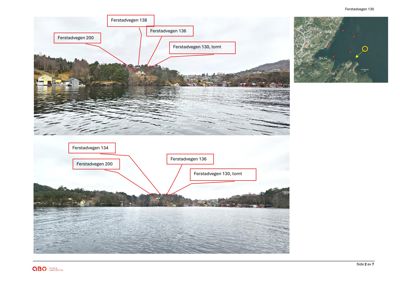 Fotografier av bygninger og tomter langs Ferstadvegen med annoterte adresser og en situasjonskart-innsats.