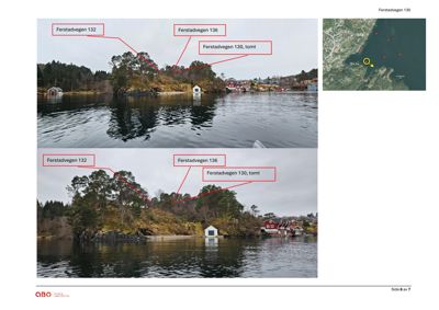 Fotografier av eiendom ved Førstadvegen 130 med tilhørende adresse- og tomtetegn