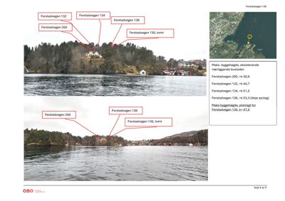 Fotografier av eksisterende bebyggelse og natur langs Ferstadvegen med overlagte adresser og høydeopplysninger.