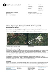 Et dokument fra Statsforvalteren i Vestland som inneholder en vurdering av en dispensasjonssøknad. Dokumentet viser to kart: et ortofoto (flyfoto) og et situasjonskart.