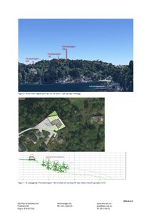 Bildet viser en fotomontasje som kombinerer et fotografi av et landskap med overlagte tegninger (situasjonsplan og snitt) for å illustrere et byggeprosjekt.
