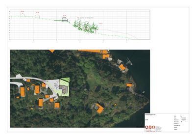 Situasjonsplan som viser tomtens beliggenhet i forhold til nabolag, vegnett og vann, med overlag av terrengprofil.