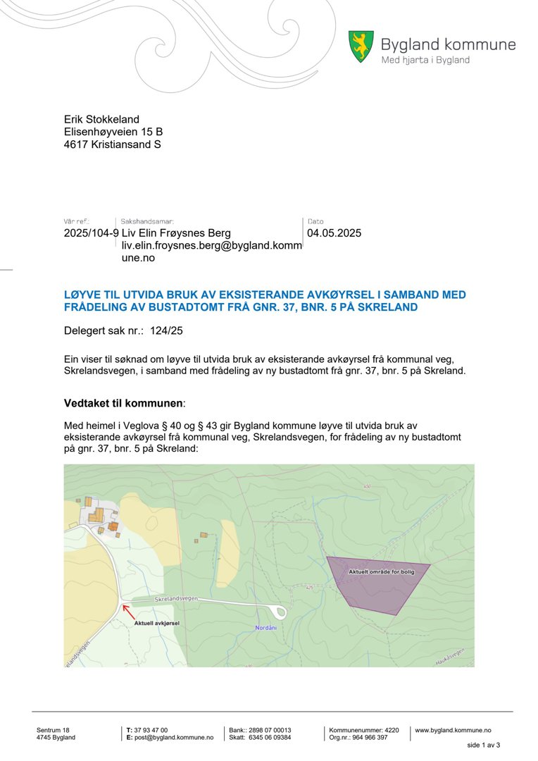 Kart som viser et område med eksisterende avkjørsel, et område for boligbygging og en nordåra.