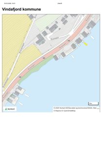 Kart over Vindafjord kommune som viser topografi, veier (Bjoavegen, Øylandsvegen) og bygningsplasseringer.