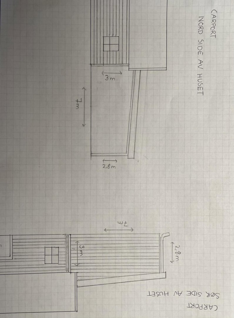 Håndtegnet fasadetegning som viser oppriss av carport sett fra nord- og sørsiden av huset, med angitte mål.