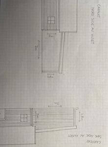 Håndtegnet fasadetegning som viser oppriss av carport sett fra nord- og sørsiden av huset, med angitte mål.