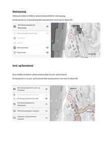 Kart som viser aktsomhetsområder for steinsprang og jord-/flomskred i Skare RA.