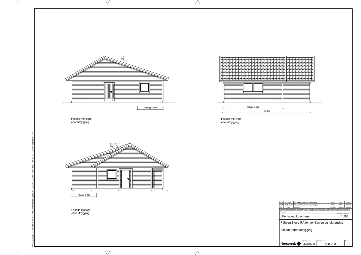 Fasadetegning som viser oppriss av en bygning sett fra tre sider (nord, vest og sør) etter utbygging.