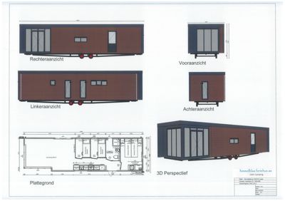 Bildet viser en samling tegninger av en mobilhytte, inkludert etasjeplan (Plattegrond), fasadeopprikk (Rechteraanzicht, Linkeraanzicht, Vooraanzicht, Achteraanzicht) og en 3D-visualisering.