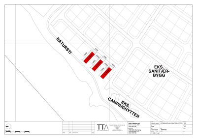 Situasjonsplan som viser tomtens beliggenhet, omgivende vegnett (Natursti), eksisterende bebyggelse (Campinghytter, Sanitærbygg) og planlagt plassering av nye hytter.