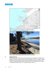 Fotografi av en hytte ved kysten med en stor furu i forgrunnen og vann i bakgrunnen.