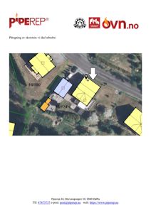 Situasjonsplan som viser tomtene 16/180 og 16/174 med overlagte bygninger. En hvit pil peker på en spesifikk plassering for en planlagt utbedring av en skorstein.