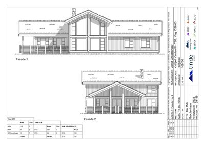 Fasadetegning som viser fronten på en bygning med detaljer om vinduer, tak og fasadematerialer.