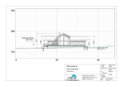 Fasadetegning som viser bygningens utseende sett fra siden, med angitte mål og høyder.