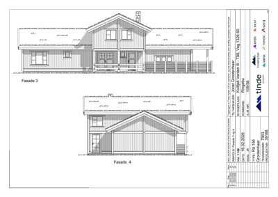 Fasadetegning som viser front- og sideutsikt av en bygning med vinduer, dører og takform.