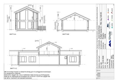 Snittegning (SNITT A-A, B-B, C-C) som viser bygningens tverrsnitt, høyder og konstruksjonsdetaljer.