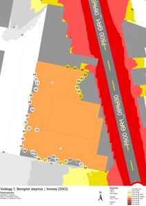 Kart som viser beregnet støyfordeling (Lden) over et område med bygninger og veier.