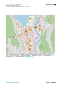 Kart over et planområde med nummererte bygninger og infrastruktur, inkludert en markert rød omkrets for planområdet.