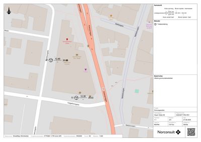 Kart over et område med gater, bygninger og markerte punkter for grunnundersøkelser.