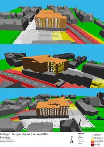 3D-kart med støykartlegging (Lden) for et byggeområde, inkludert vegnavn og høydekurver.