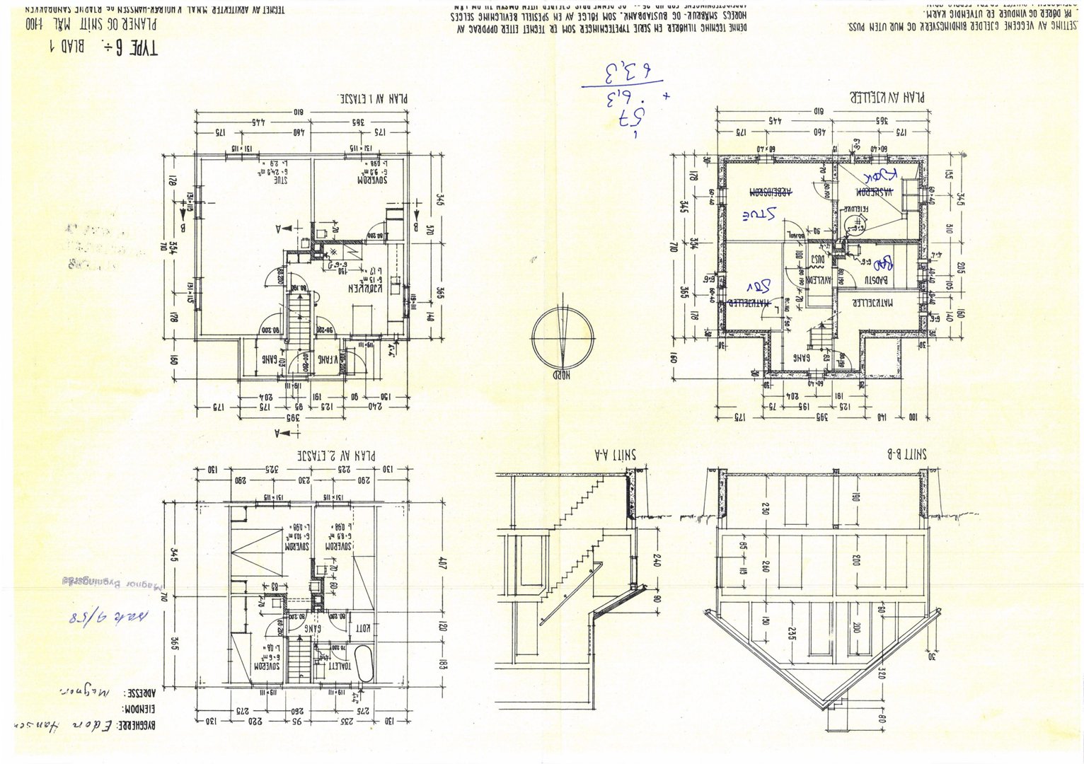 En arkitekttegning som viser etasjeplaner (1. og 2. etasje), snittegninger (A-A og B-B) og en nordpil for en bolig.