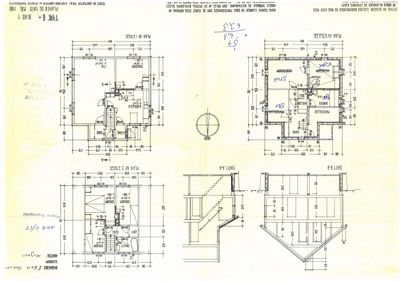 En arkitekttegning som viser etasjeplaner (1. og 2. etasje), snittegninger (A-A og B-B) og en nordpil for en bolig.