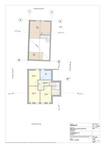 Etasjeplan (Plan 2. etasje) som viser romfordeling, stueplassering og snittlinjer for fasader.