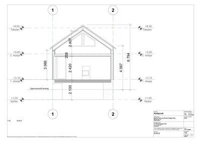Snittegning (Snitt B) som viser tverrsnittet av en bygning med høydeangivelser for kjeller, 1. etasje, 2. etasje og takplan.