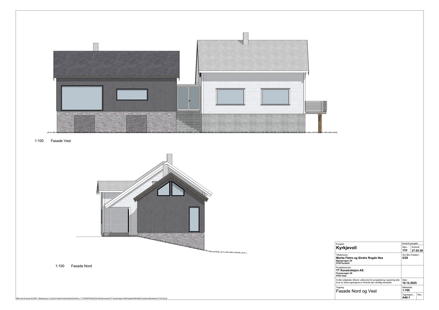 Tegning som viser fasadeoppsettet for bygningen sett fra vest og nord.