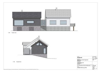 Tegning som viser fasadeoppsettet for bygningen sett fra vest og nord.