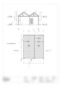 Tegning som viser et snitt (Snitt B-B) gjennom en bygning, med oppgitt høyder, takhøyder og romfordeling.