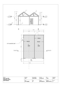 Tegning som viser et snitt (Snitt B-B) gjennom en bygning, med oppgitt høyder, takhøyder og romfordeling.