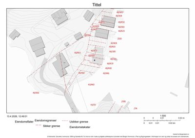 Situasjonsplan som viser eiendomsgrenser, eiendomstekster (f.eks. 41/473) og topografi (konturlinjer) for et område.