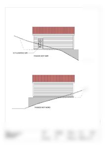 Fasadetegning som viser bygningens utseende sett fra nord og sør, inkludert tak, vegger og terrengforhold.