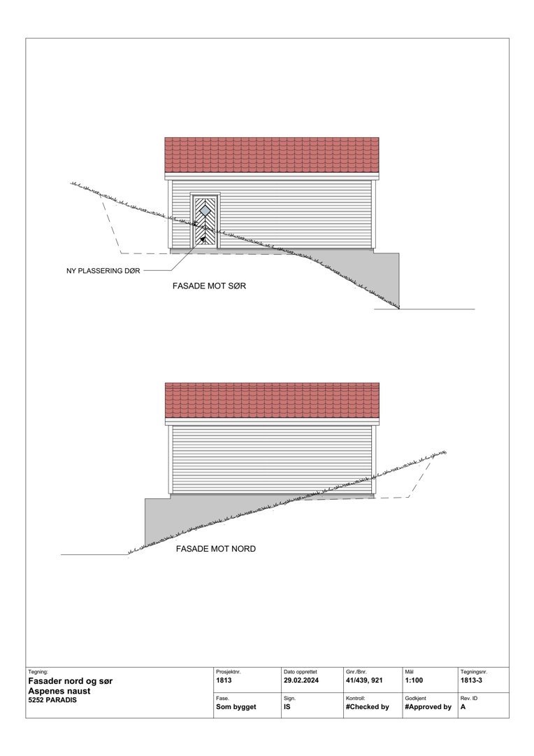Fasadetegning som viser bygningens utseende sett fra nord og sør, inkludert tak, vegger og terrengforhold.