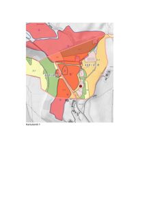Kartutsnitt (Kartutsnitt 1) som viser et område med fargelagte soner (muligens reguleringsplan eller geologisk kart), vegnett og topografi.