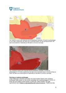 Kart og flyfoto som viser et gardsanleggs areal med overlappende farger for fredede og fjernede områder.