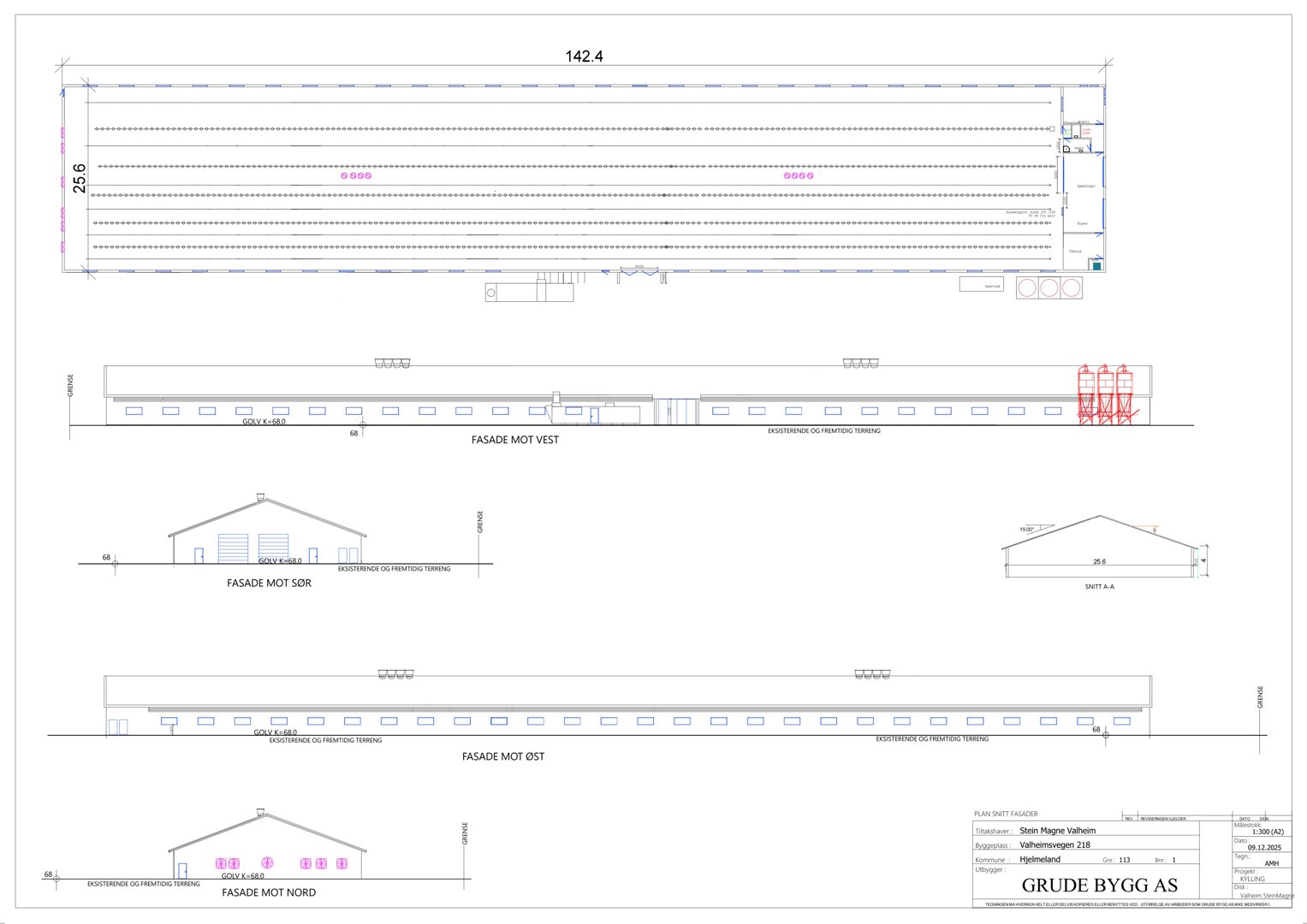 Fasadetegning som viser bygningens utseende fra alle fire sider (N, S, E, V) med mål og detaljer.