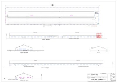 Fasadetegning som viser bygningens utseende fra alle fire sider (N, S, E, V) med mål og detaljer.