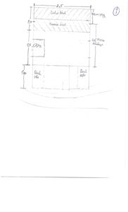 Håndskrevet tegning som viser detaljert oppriss av en døråpning med mål for dørblad, ramme og innramming.