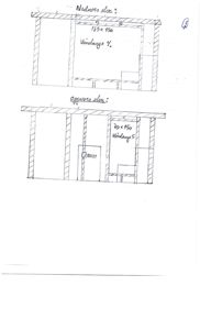 Håndskrevet tegning som viser etasjeplaner for en bygning, med merking av 'Nedre etasje' og 'Øvre etasje', samt romdimensjoner og plassering av dører.
